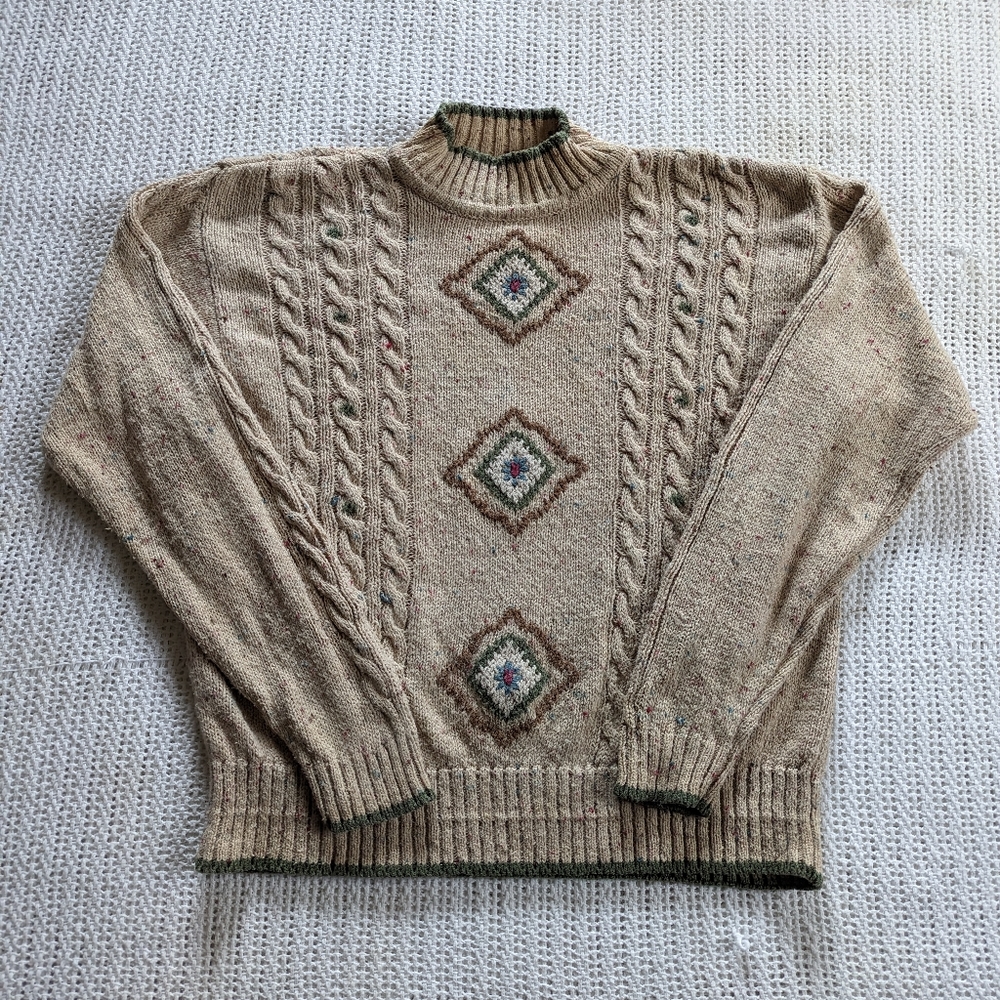 VTG Lizwear Women's SMALL Pullover Grandma Sweater Tan Geometric Ramie CottonT